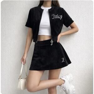 “Juicy Couture Black Velour Set Rhinestone Logo Zip Top Mini Skirt Y2K Size S